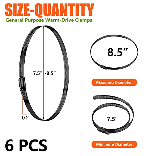 BOTTEN 6pcs Black Hose Clamp,8 Inch(194-216mm)304 Hose Clamps Stainless Steel Adjustable Worm Gear Hose Clamps Assortment Kit,radiator hose clamps fuel line clamps - size: 8''