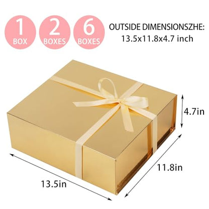 UoeRing 1 Pcs Gold Gift Box Large 11.5x8x4 Inch with Magnetic Lid | Collapsible Luxury Present Box,for Birthday,Christmas Holiday Gift Includes Card,Ribbon,Tissue Paper & Shredded Filler - color: 13.5x11.8x4.7 Inch-Gold-Pack of 1