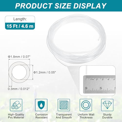 uxcell Clear PVC Tubing, 1.2mm ID x 1.8mm OD - 15ft PVC Tube Lightweight Vinyl Hose, Transparent Flexible Plastic Water Tubing for Air Oil Water Transfer Aquarium Irrigation - size: 1.2mm ID x 1.8mm OD