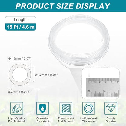 uxcell Clear PVC Tubing, 1.2mm ID x 1.8mm OD - 15ft PVC Tube Lightweight Vinyl Hose, Transparent Flexible Plastic Water Tubing for Air Oil Water Transfer Aquarium Irrigation - size: 1.2mm ID x 1.8mm OD