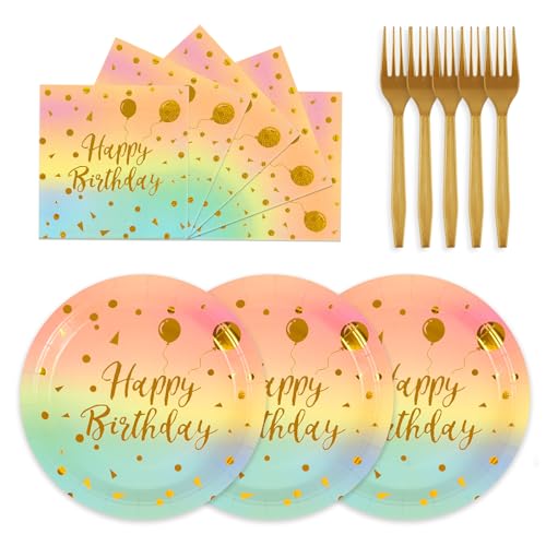 75PCS Happy Birthday Paper Plates - 7 Inch Colorful Gold Dot Paper Plates and 6.5 Inch Napkins with 6.3 Inch Gold Forks Disposable Tableware Set for Birthday Party Decorations, Serves 25 - color: Colorful Gold, size: 7inch-75pcs
