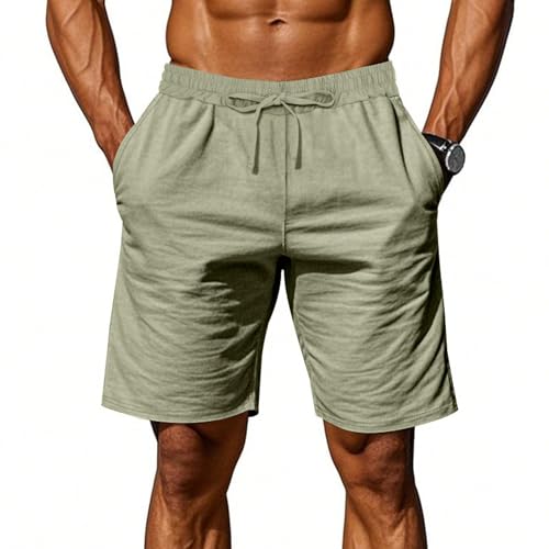 Linen Cargo Shorts for Men 2025 Summer Casual Elastic Waist Drawstring Lightweight Workout Beach Shorts with Pockets Light Green S