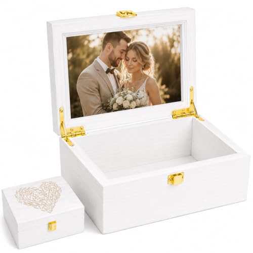 Small Wooden Memory Keepsake Box with Hinged Lid and a Photo Frame inside the Lid - Decorative Storage Box with a Hinge Lid for Picture Letter Time Capsule - Wooden Gift Box, 3.1"*5.1"*7.1" White - color: White