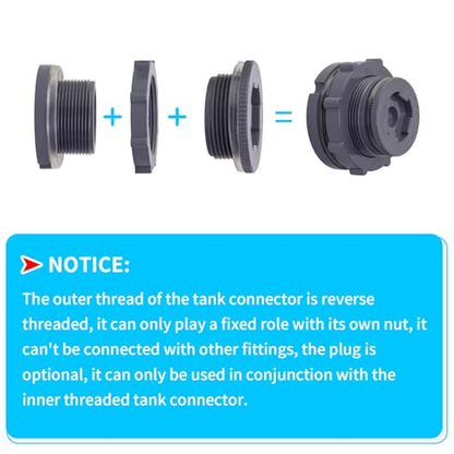 ChillWaves PVC Bulkhead Fitting 2" Double Thread Connector Adapter with Plugs for Water Tank, Aquariums, Rain barrels(2-PACK) - size: 2 Inch, style: Bulkhead Fitting + Plug