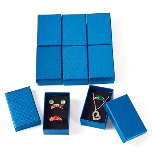 12 pcs Jewelry Wrapping Boxes Cardboard Necklace Earring Ring Boxes 3.1x2x1 Inches Blue Paper Rectangle Rhombus Print Sponge Filled Boxes for Valentine Key Chain DIY Women Bracelets Wedding - color: Blue
