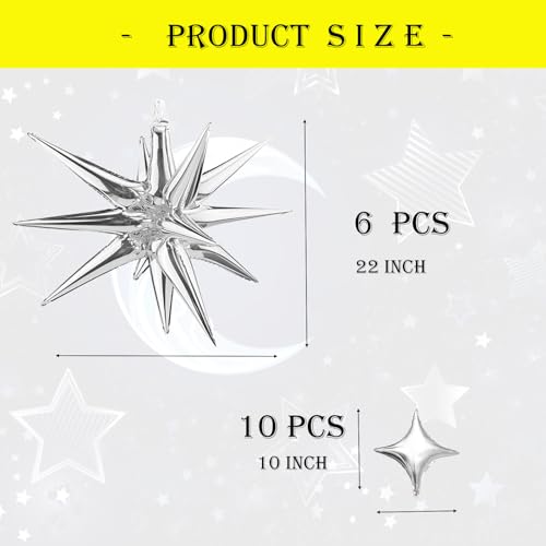 6 Pcs Explosion Star Foil Balloons- 12 Point Star Balloons,Silver Spike Balloons and 10Pcs Four Pointed Star Balloos for Party Supplies Christmas Birthday Wedding Photo Booth - color: 16 Pcs Silver Star Balloons