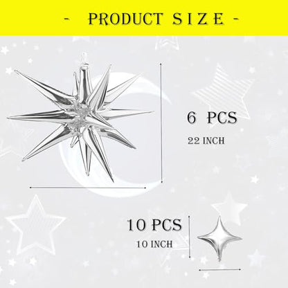 6 Pcs Explosion Star Foil Balloons- 12 Point Star Balloons,Silver Spike Balloons and 10Pcs Four Pointed Star Balloos for Party Supplies Christmas Birthday Wedding Photo Booth - color: 16 Pcs Silver Star Balloons