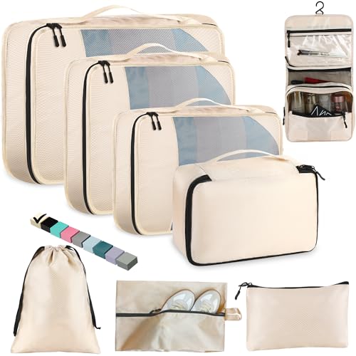 Toncoke 8-Piece Packing Cubes for Travel, 2026 Upgraded Durable Zippers & Reinforced Mesh, Complete Luggage Organizer Set with Shoe/Toiletry/Laundry Bags, 4 Sizes for Suitcase, Men Women, (Beige) - color: Beige