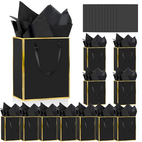 Epoesch 12 Pack Gift Bags with Handles & 12 Tissue Papers – 8x5x10 Inches - color: Black Gold, size: 1 Count (Pack of 12)