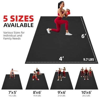 GymCope Extra Large Exercise Mat, 10'x6'/9'x6'/8'x6'/7'x5'/6'x4'(8mm) Thick Workout Mat for Home Gym & Garage Flooring, Shoe-Friendly, High-Density, MMA, HIIT, Weight Lifting, Cardio&Strength - color: 6'x4'x8mm-Black