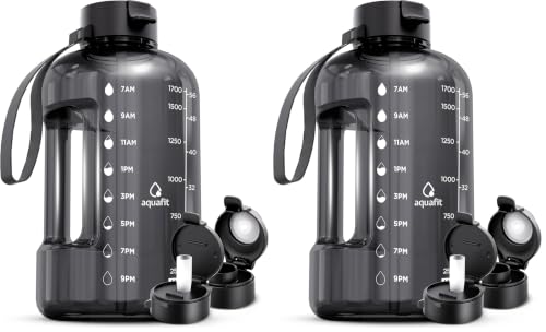 AQUAFIT 64 oz Water Bottle with Time Marker - Straw & Chug Lid - BPA Free Half Gallon Gym Water Bottle with Handle - Big Gallon Jug (Gray, 64 Ounces) (Pack of 2) - color: Gray, size: 64 Ounces (Pack of 2)
