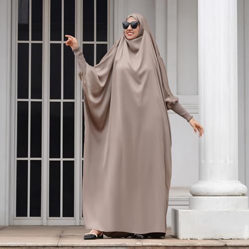 IDOPIP Muslim Abaya for Women One Piece Long Sleeve Islamic Prayer Dress with Hooded Hijab Maxi Kaftan Robe Modest Clothes - color: Light Khaki
