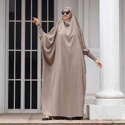IDOPIP Muslim Abaya for Women One Piece Long Sleeve Islamic Prayer Dress with Hooded Hijab Maxi Kaftan Robe Modest Clothes - color: Light Khaki