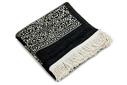 ihvan Online Muslim Prayer Rug with Beads Tasbih, Janamaz, Kaaba Cover Design Sajadah, Soft Prayer Rug, Islamic Gifts for Ramadan Eid, Praying Carpet Mat, Black - color: Black