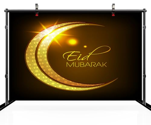 5x4ft Eid Mubarak Backdrop Golden Crescent Luxury Gold Glitter Shining Eid Al-Adha Themed Red Background Islamic Muslim Festival Party Decoration Portrait Photo Booth Studio Props Banner - size: 5x4FT