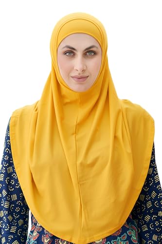 SARJANA Women's Solid Color Cotton Hijab with Under Scarf Cap Ready to Wear Stretch Scarves Long Scarfs FREE SIZE - color: Deep Yellow