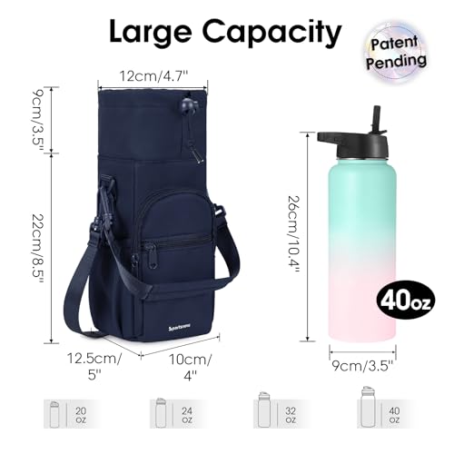 sportsnew 40oz Insulated Crossbody Water Bottle Bag Gym Hiking Phone Pocket | Water-resistant Lining, Padded Strap, Top Handle, Drawstring, Phone Pocket, Elastic Slots, Built-In Key Clip for Gym Walking - color: Navy Blue