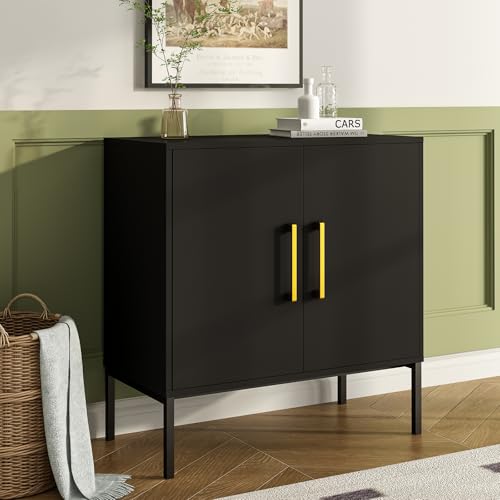 Storage Buffet Cabinet with Gold Handles and Metal Legs, Black丨Freestanding Sideboard, Modern Wooden Side Cabinets for Bedroom, Living Room, Kitchen, Office and Hallway - color: Black, size: 1PC
