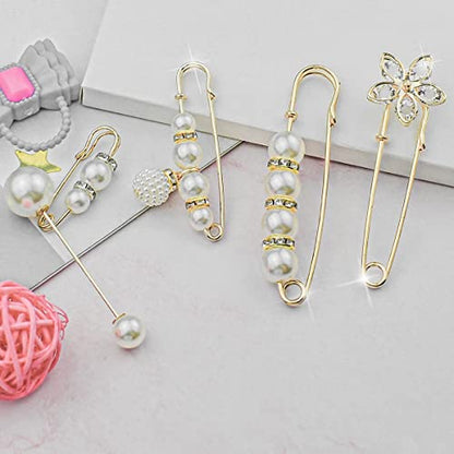 5 Pieces Pearl Brooch Safety Pins for Clothes Safety Pin for Women Fashion Sweater Shawl Collar Dresses Cardigan Clips Faux Crystal Pearl Brooches Set for Girls Jewelry Decoration Accessories (Gold)