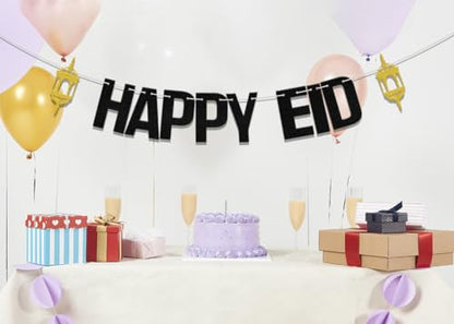 Happy Eid Banner, Eid Festival Party Decor, Umrah Mubarak Banner, 2024 Eid Mubarak Hajj Mubarak Islamic Muslim Festival Party Supplies Gold Black - color: Black