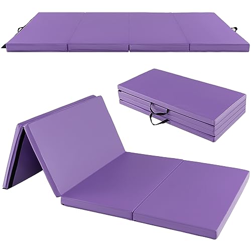 Goplus Gymnastics Mat, Folding Tumbling Mat with Carry Handles, Hook & Loop Fasteners, 4 Panels for Fitness Exercise Yoga Stretching Aerobics Workouts, Thick Gym Mats for Home - color: Purple