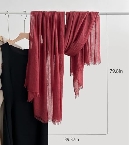 Solid color cotton and linen scarf, wrinkled all season versatile long sunscreen fashionable shawl - color: Light Jujube Red