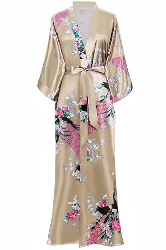 BABEYOND Women's Kimono Robe Long Satin Robes with Peacock and Blossoms Printed Kimono Nightgown - color: Champagne, size: One Size