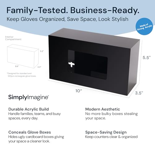 SimplyImagine Black Glove Box Holder - Acrylic Wall Mount Dispenser | Side-loading acrylic glove dispenser - single - Use for nitrile & latex gloves in kitchen, garage & lab