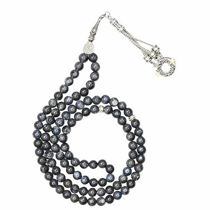 Amazing Gemstone Larvikite Tasbeeh with Moon and Star Charm - Certified Crystal Muslim Prayer Beads Natural Gemstone Tasbih Gift for Ramadan Dhikr and Daily Namaz (S) - color: Larvikite