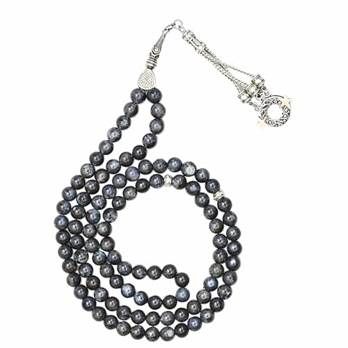 Amazing Gemstone Larvikite Tasbeeh with Moon and Star Charm - Certified Crystal Muslim Prayer Beads Natural Gemstone Tasbih Gift for Ramadan Dhikr and Daily Namaz (S) - color: Larvikite