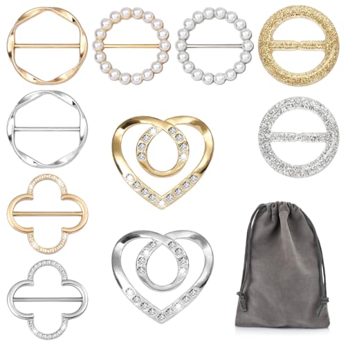 10 PCS Scarf Rings for Women, T-Shirt Tie Clips with 1 Storage Bag, Pearl Belt Buckles, Dress Cinch Clip, Silk Scarf Ring, Pearl/Heart-Shaped Buckles For Clothes Hat Belt Decor