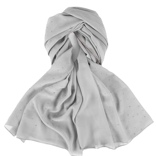 Hijab Scarf for Women Soft Chiffon Rhinestone Long Scarf Shawl Fashion Muslim Hijab Head Wrap Scarves - color: Light Grey