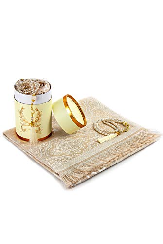 ihvan online Muslim Prayer Rug and Prayer Beads with Elegant Design Cylinder Gift Box, Janamaz, Soft Sajadah, Islamic Gifts Set, Portable Prayers Carpet Mat, Taffeta Fabric, Cream - color: Cream