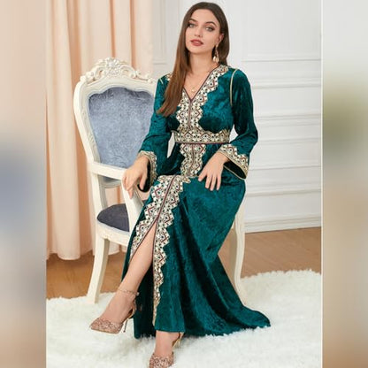 IDOPIP Muslim Women Velvet Dress Embroidery Abayas Long Sleeve V-Neck Moroccan Maxi Kaftan Dubai Robe Arabic Islamic Clothing - color: Dark Green, size: XX-Large