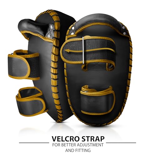 DXM SPORTS Muay Thai Pads Kickboxing Equipment Martial Arts Training Kick Pads for MMA, Taekwondo, Karate – Ideal for Kicks, Knees and Punches in Martial Arts Training (ONE PAD ONLY) - color: Black & Gold