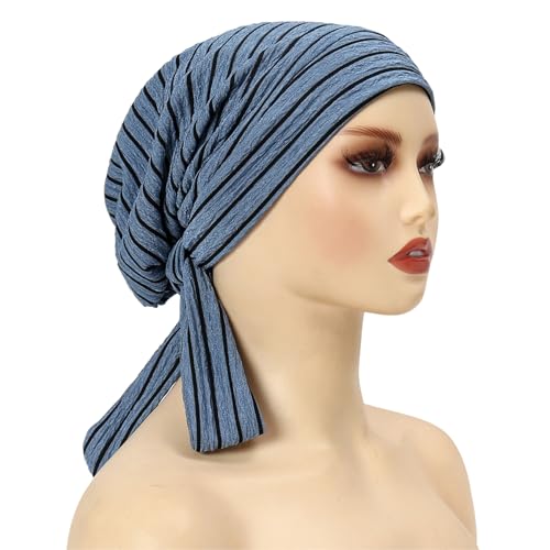 Suillty Women's Pre-Tied Muslim Hijab Bonnet Pleated Ruffle Turban Chemo Cap Underscarf Islamic Headwear - color: Blue Striped