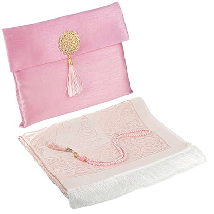Modefa Islamic Prayer Mat Muslim Gifts - Thin Travel Muslim Prayer Rug in Taffeta Gift Bag with Tasbih Beads Prayer Matt Islam - Chenille Turkish Praying Carpet - Ramadan Gifts (Pink) - color: Pink