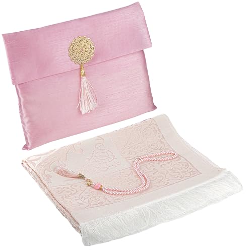Modefa Islamic Prayer Mat Muslim Gifts - Thin Travel Muslim Prayer Rug in Taffeta Gift Bag with Tasbih Beads Prayer Matt Islam - Chenille Turkish Praying Carpet - Ramadan Gifts (Pink) - color: Pink