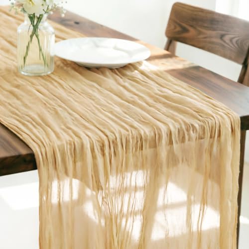 LINXTAR Beige Cheesecloth Table Runner 120 Inches 10Ft Gauze Summer Boho Table Runner for Wedding Tea Party Baby Shower Bridal Birthday Home Decoration - color: Beige, size: 10ft