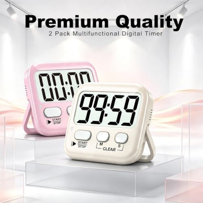 2 Pack Digital Timer for Kids Classroom Kitchen Timers for Cooking | w/ Battery, Easy to View, Alarm, Mute Mode, Count Down/Up, Magnetic, Kickstand, Hanging, Classroom Timer for Teacher Supplies - color: 2 * Lovely Pink + Light Peach