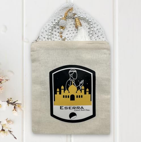 ESERRA Kufi Hats for Men and Women with 99 Tasbih Prayer Beads, Muslim Thick Breathable Skull Cap, Tasbeeh, Prayer Cap - color: White