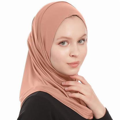 Plain Ready To Wear Amira Hijab for Women - Muslim Instant Amira Jersey Scarf – Soft Muslim One Piece Instant Hijab Headscarf - color: Cocoa