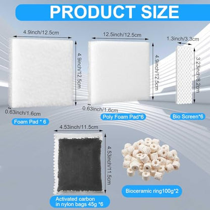 Threlaco 26 Pcs Aquarium Filter Media Kit Compatible with Fluval C3 (50 Gal) Power Filter, 6 White Foam Sponge Pad, 6 Poly Foam Pads, 6 Bio-Screen, 6 Activated Carbon, 2 Pack 3.5 Oz/100g Ceramic Ring - size: Compatible with C3