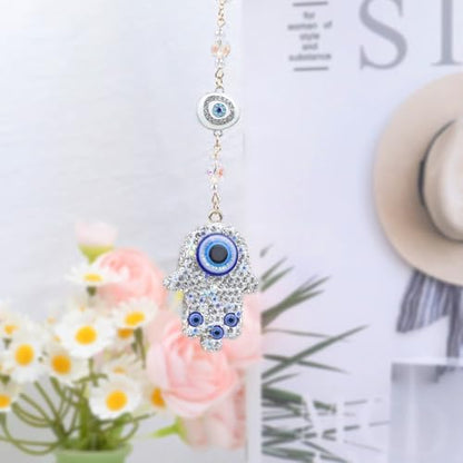 White Crystal Hamsa Hand Evil Eye Car Mirror Charm Ornament - color: White