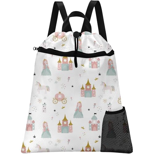 Pink Princess Castle Drawstring Backpack, 15” x 17” Waterproof Swim Bag for Beach Swimming Pool, Lightweight Foldable Gym Bag with Water Bottle Holder for Sports Travel - color: Princess Castle