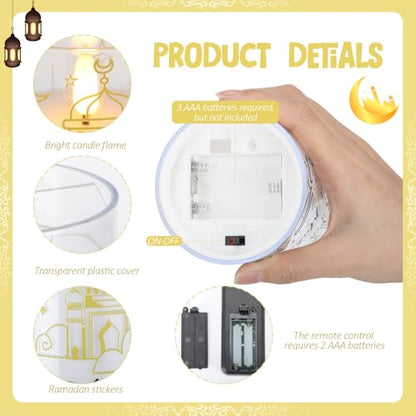 Huquary 3 Pcs Eid Mubarak Pillar Flameless Candles with Remote Ramadan Decorations Ramadan LED Flickering Candles Battery Operated Plastic Pillar Candlesticks for Eid Fit Gifts Home Decor, 3", 5", 6"