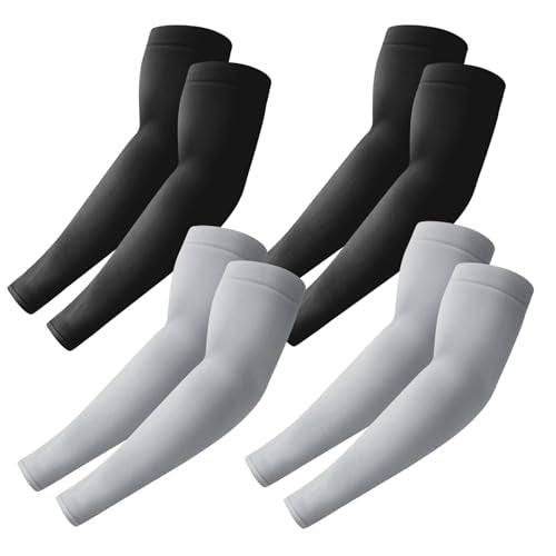 PFFY 4 Pairs UV Protection Arm Sleeves Cooling Compression Sleeve for Men Women Sports Tattoo Cover Up - color: Black*2 + Grey*2