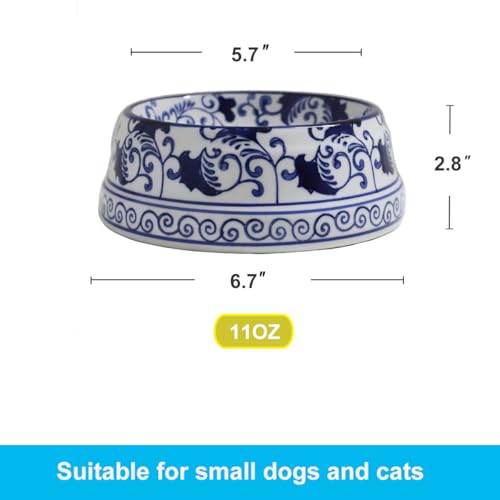 Aimusego Hand-Painted Ceramic Dog Bowl Blue/White Durable Dog Cat Food and Water Pet Dish 11OZ - color: Blue rosette scrolls, size: Small (11OZ)