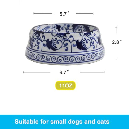 Aimusego Hand-Painted Ceramic Dog Bowl Blue/White Durable Dog Cat Food and Water Pet Dish 11OZ - color: Blue rosette scrolls, size: Small (11OZ)