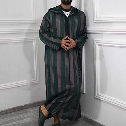 Men's Striped Robe Long Sleeve Zip-Up Thobe Long Gown Muslim Middle East Kaftan Dresses Muslim Dubai Clothes - color: Green, size: Large